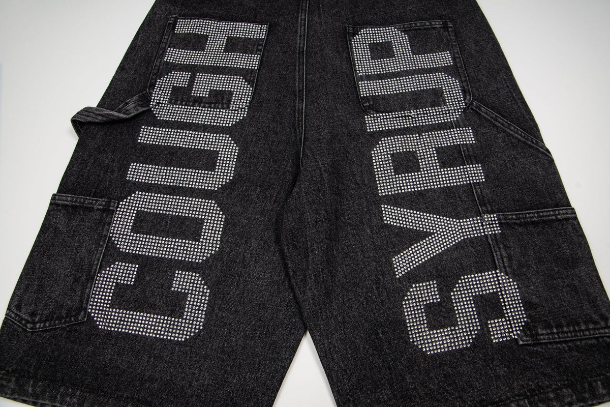 THAT'S A AWFUL LOT OF COUGH SYRUP Rhinestone Washed Denim Shorts — detail